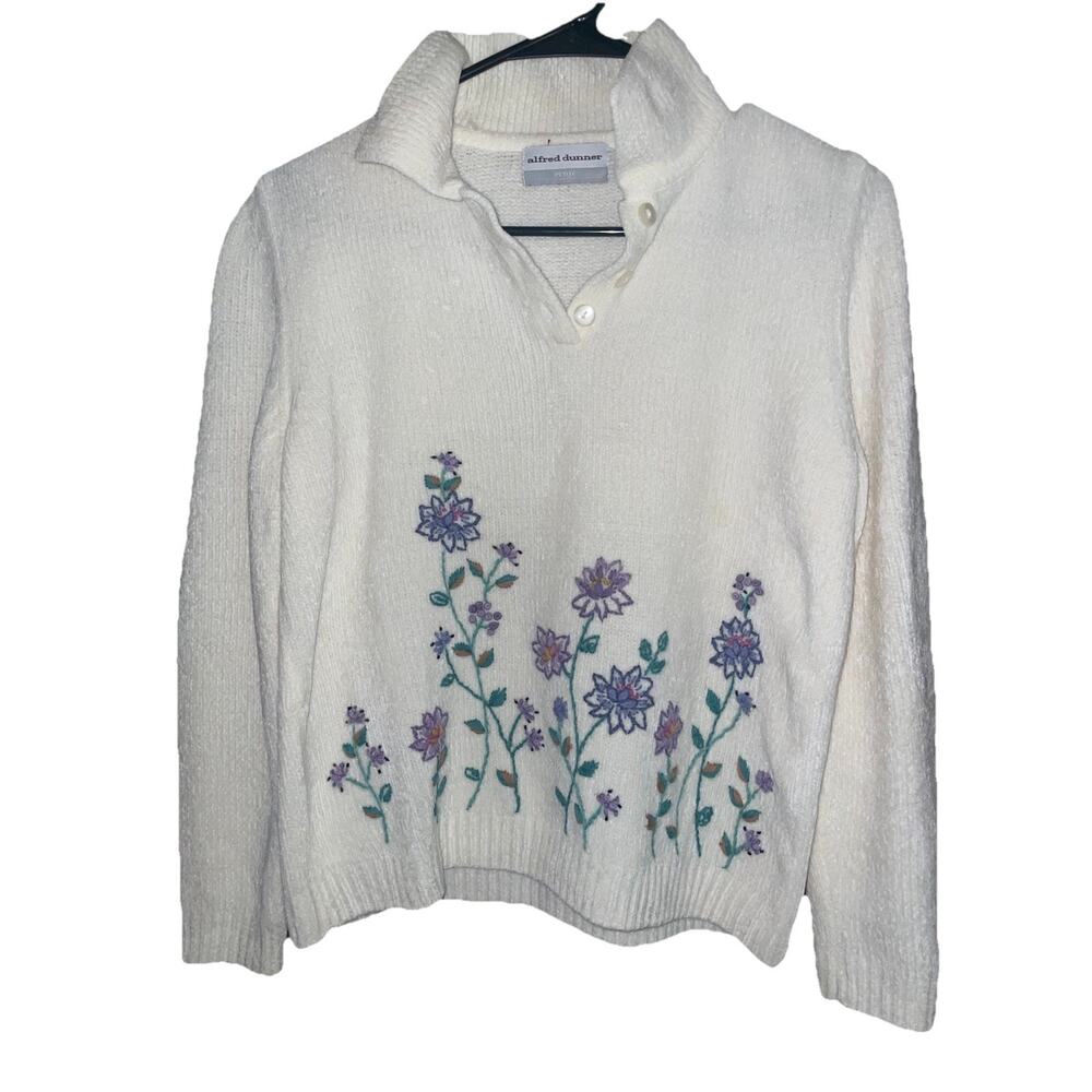 Vintage Alfred Dunner Petite Floral Embroidered Spring Sweater Sz PS Super Soft